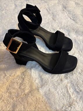 ASOS Black Suede Block Heel Sandals with Gold Buckle